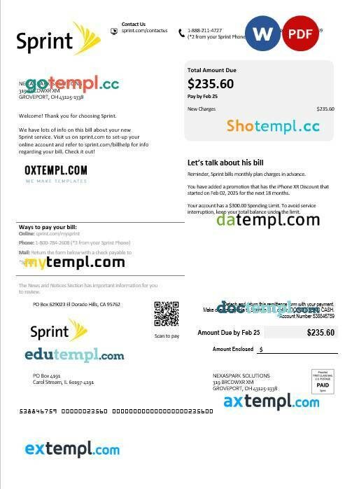 USA Sprint (T-Mobile) business utility bill template in Word and PDF formats