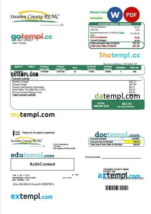 USA Ohio Vectren energy business utility bill template in Word and PDF formats