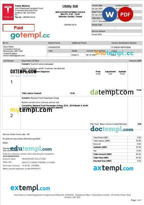 USA Pacific Power business utility bill Word and PDF template