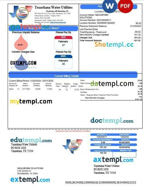 USA Texarkana water utility business utility bill Word and PDF template