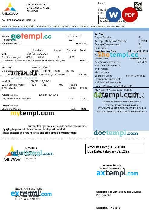 USA Tennessee MLGW business utility bill template in Word and PDF formats