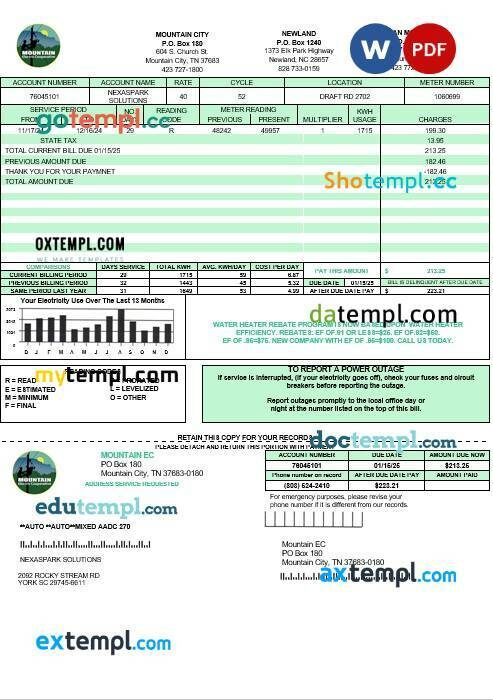 USA Tennessee Mountain Electric Cooperative, Inc. (MEC) business utility bill template in Word and PDF formats