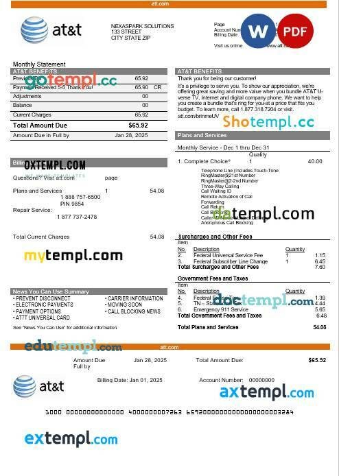 USA Texas AT&T telecommunications business utility bill template in Word and PDF formats