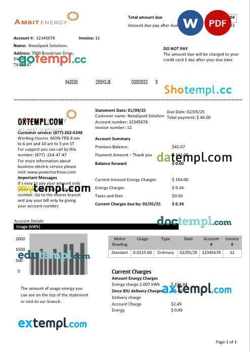 USA Texas Ambit Energy business utility bill template in Word and PDF formats