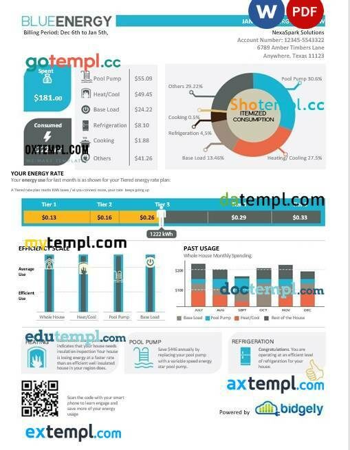 USA Texas Blue Energy business utility bill, Word and PDF template