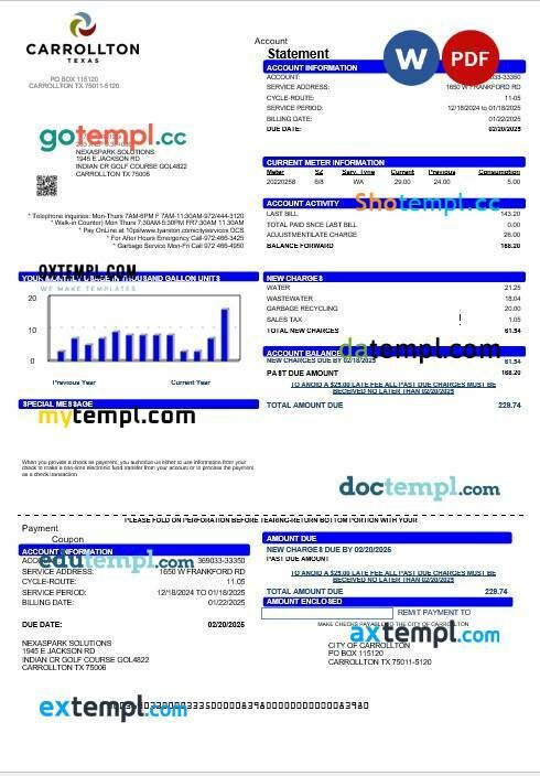 USA Texas Carrollton business utility bill template in Word and PDF formats