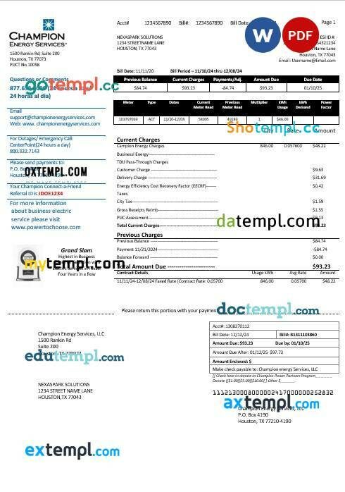 USA Texas Champion Energy Services proof of address business utility bill template in Word and PDF formats