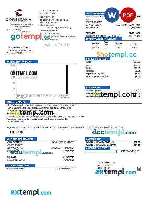 USA Texas City of Corsicana business utility bill template in Word and PDF formats