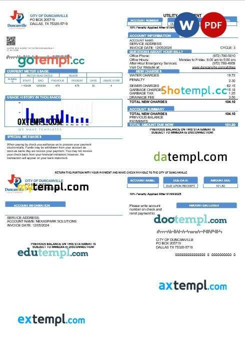 USA Texas City of Duncanville business utility bill template in Word and PDF formats