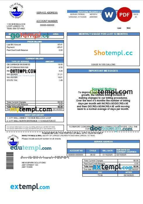 USA Texas City of Laredo Utilities Department water business utility bill template in Word and PDF formats