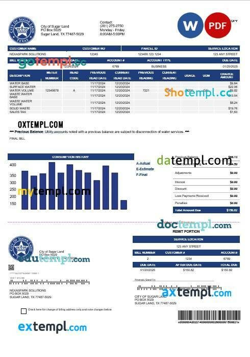 USA Texas City of Sugar Land business utility bill template in Word and PDF formats