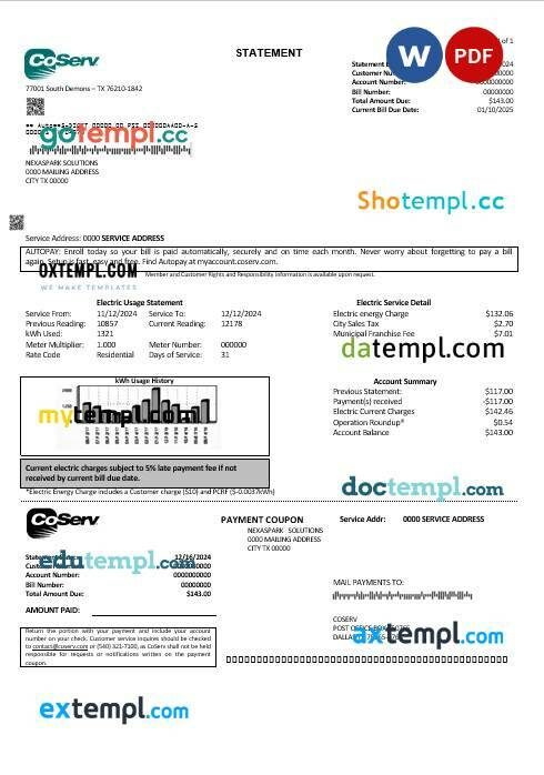 USA Texas CoServ business utility bill template in Word and PDF formats