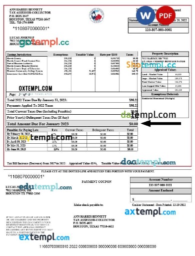 USA Texas Harris County Bennett property tax statement editable template in Word and PDF formats