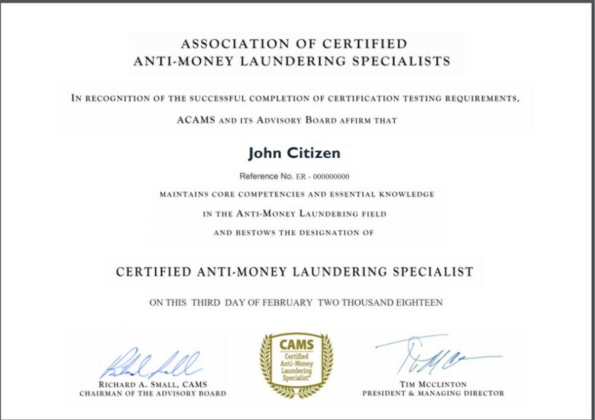 USA The Association of Certified Anti-Money Laundering Specialists (ACAMS) diploma template in PSD format