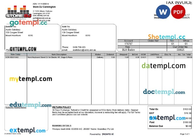 USA Washington Store DJ Cannington tax invoice editable template in Word and PDF formats