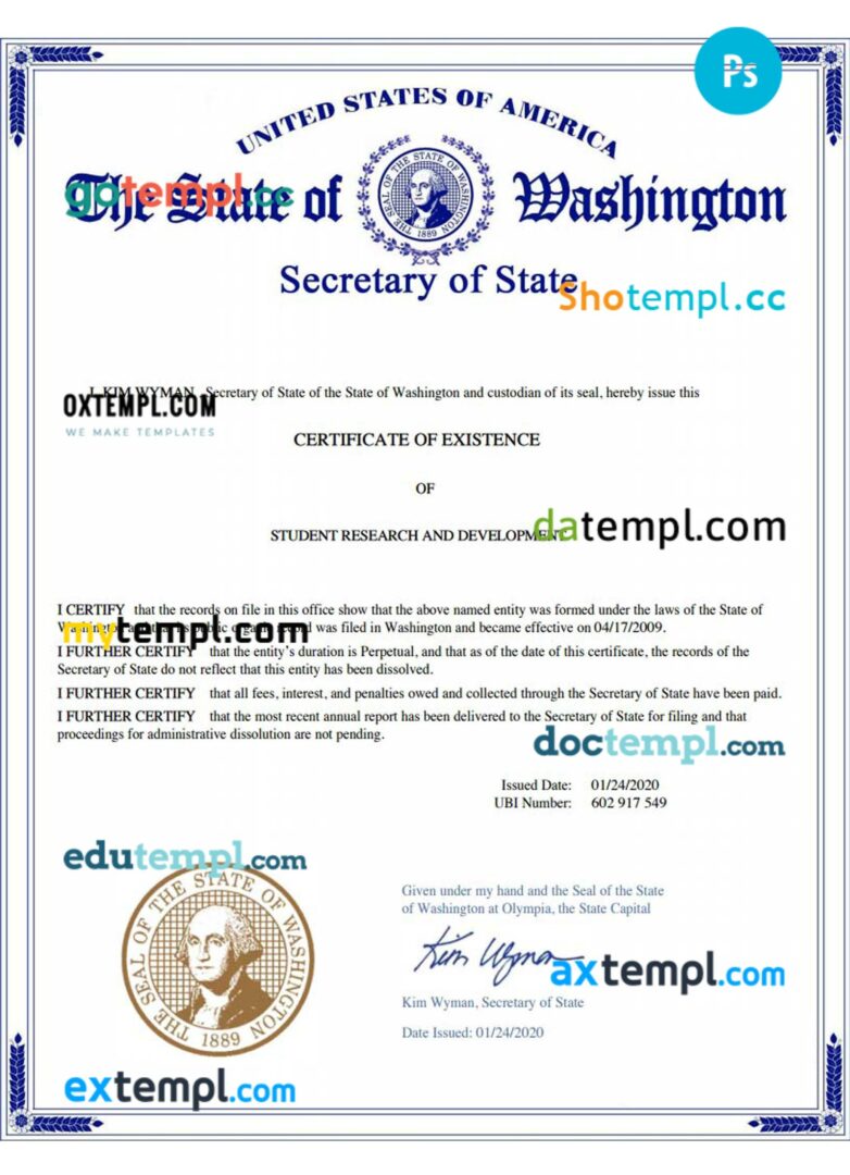 USA Washington certificate of good standing PSD template for a company