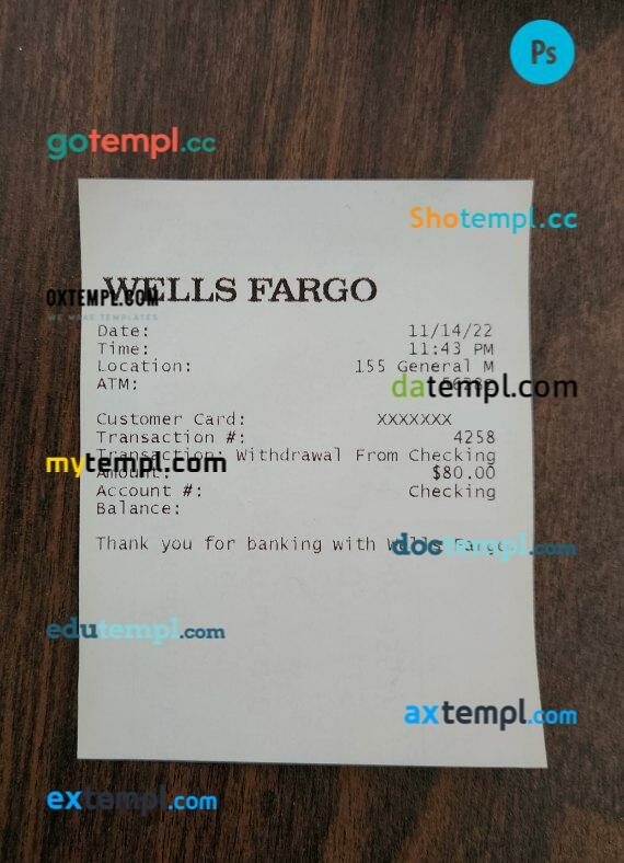 USA Wells Fargo receipt PSD template