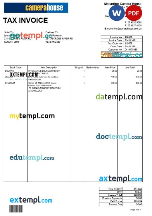 USA Wisconsin Macarthur Camera House tax invoice editable template in Word and PDF formats