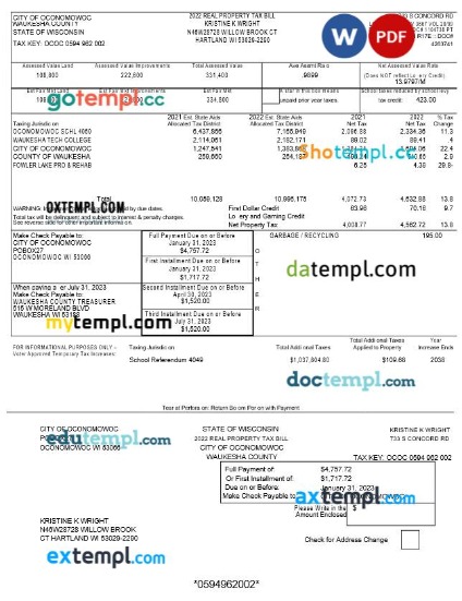 USA Wisconsin real property tax bill editable template in Word and PDF formats