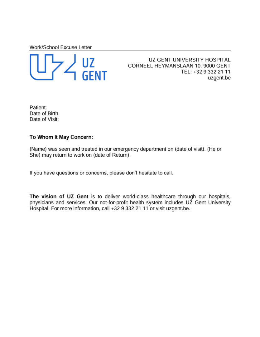 UZ Gent excuse letter template in Word and PDF formats