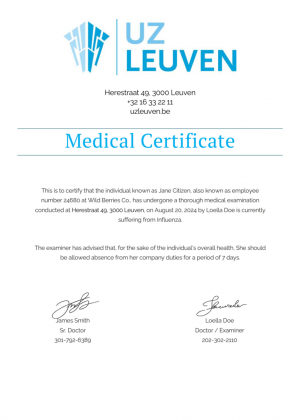 UZ Leuven medical certificate template in Word and PDF formats