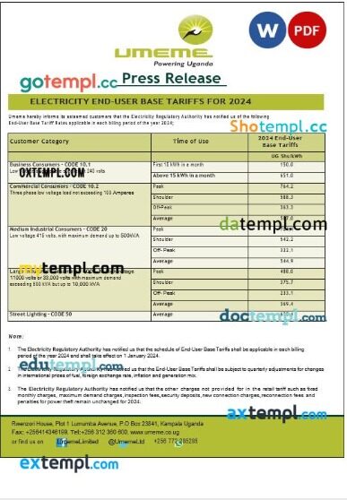 Uganda UMEME business utility bill Word and PDF template