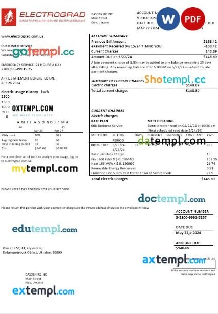 Ukraine Elektrograd electricity business utility bill template in Word and PDF formats