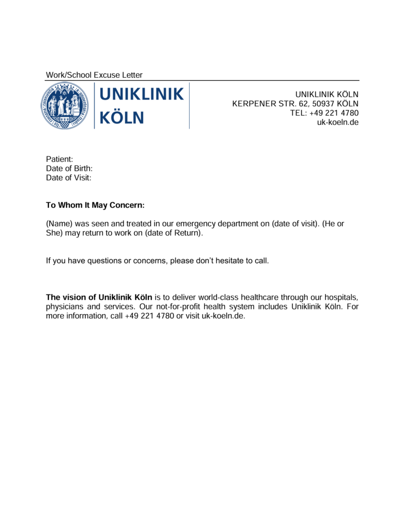 Uniklinik Köln doctor note template in Word and PDF formats