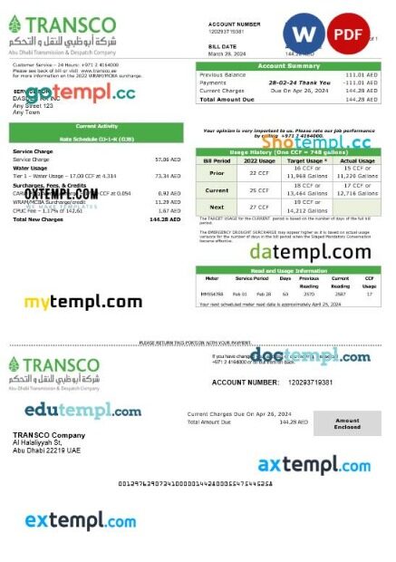 United Arab Emirates Abu Dhabi Distribution electricity business utility bill template in Word and PDF formats