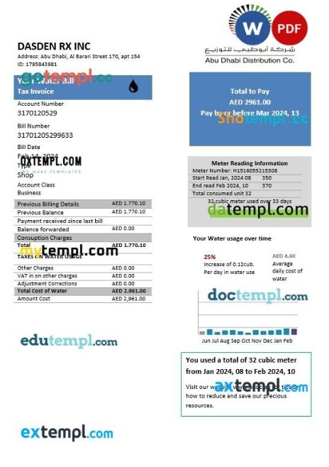 United Arab Emirates Abu Dhabi Distribution water business utility bill template in Word and PDF formats
