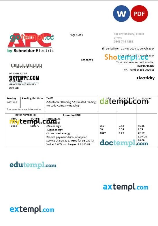 United Kingdom APC electricity business utility bill template in Word and PDF formats