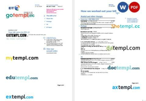 United Kingdom BT business utility bill template in Word and PDF formats, 2 pages