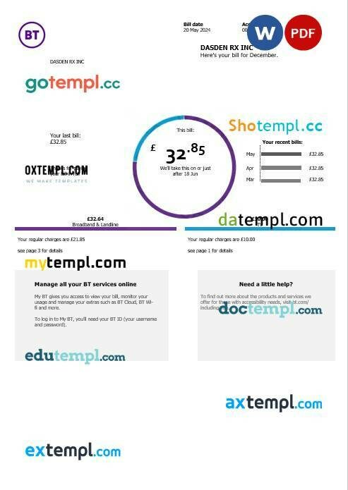 United Kingdom BT telecommunications business utility bill template in Word and PDF formats, version 2