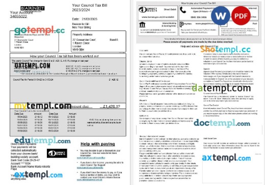 United Kingdom Barnet London Borough Council tax bill editable template in Word and PDF formats