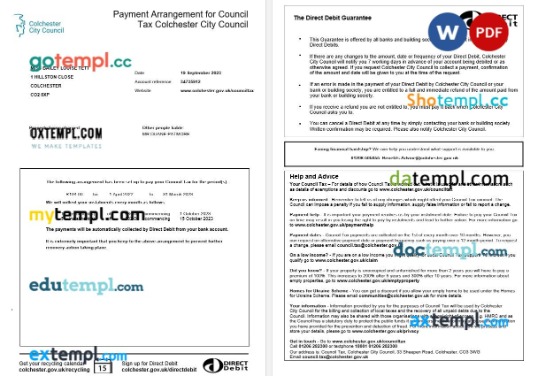 United Kingdom Colchester City Council tax payment arrangement editable template in Word and PDF formats