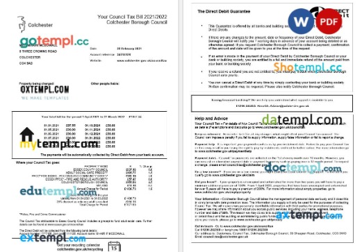 United Kingdom Colchester Council tax bill editable template in Word and PDF formats