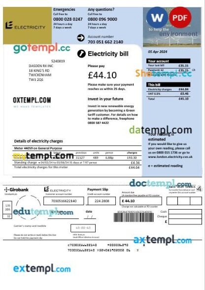 United Kingdom Northumbrian Water business utility bill template in Word and PDF formats, version 2