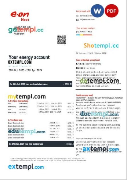 United Kingdom Eon gas and electricity business utility bill in Word and PDF formats, version 7