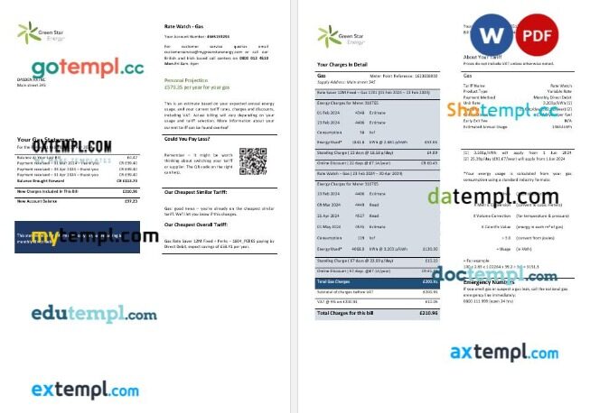 United Kingdom Green Star Energy energy business utility bill Word and PDF formats, 3 pages