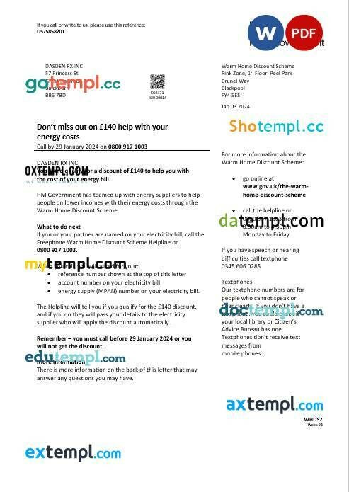 United Kingdom HM Government Warm Home Energy business utility bill template in Word and PDF formats