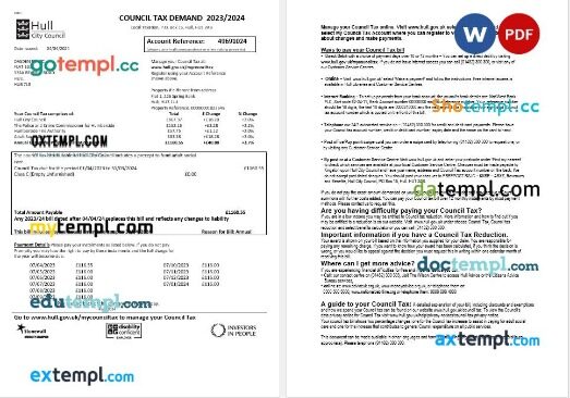 United Kingdom Hull City Council business utility bill template in Word and PDF formats, 2 pages