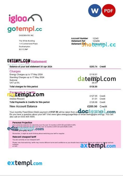 United Kingdom Igloo Energy business utility bill template in Word and PDF formats