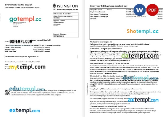 United Kingdom Islington Council property tax bill editable template in Word and PDF formats