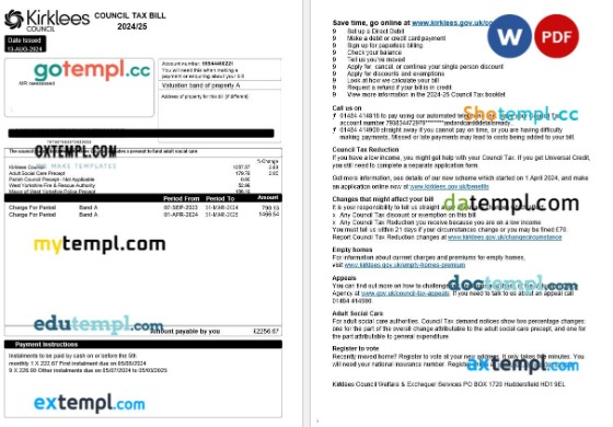 United Kingdom London Borough Harrow Council tax bill editable template in Word and PDF formats