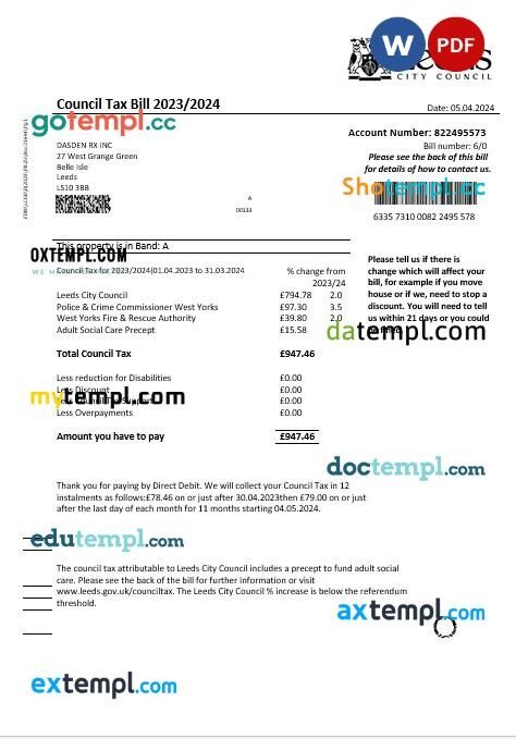 United Kingdom Leeds City Council tax business utility bill template in Word and PDF formats