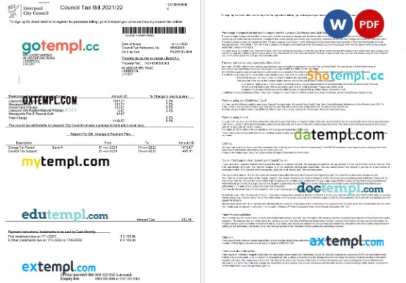 United Kingdom Liverpool City Council tax bill editable template in Word and PDF formats