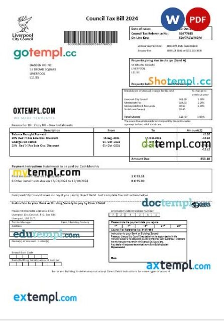 United Kingdom Liverpool City Council taxbusiness business utility bill template in Word formats