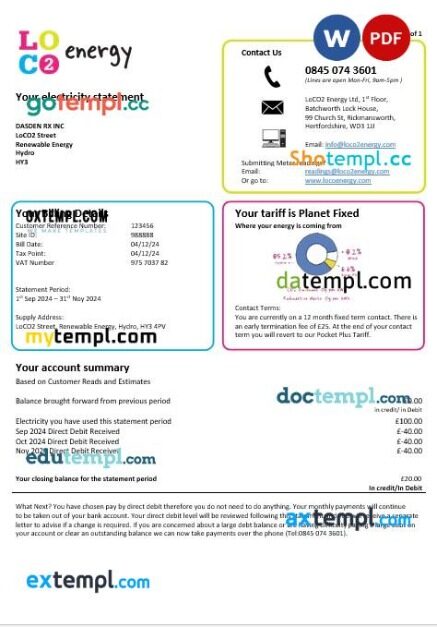 United Kingdom Northumbrian Water business utility bill template in Word and PDF formats, version 2