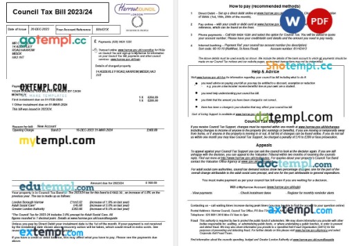 United Kingdom London Borough Harrow Council tax bill editable template in Word and PDF formats