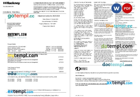 United Kingdom London Borough of Hackney Hackney council tax bill editable template in Word and PDF formats